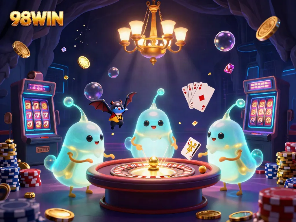 Engage with 98WIN in a vibrant cave casino illuminated by glowworms, featuring cascading coins, a bat dealer, and dynamic gaming elements.