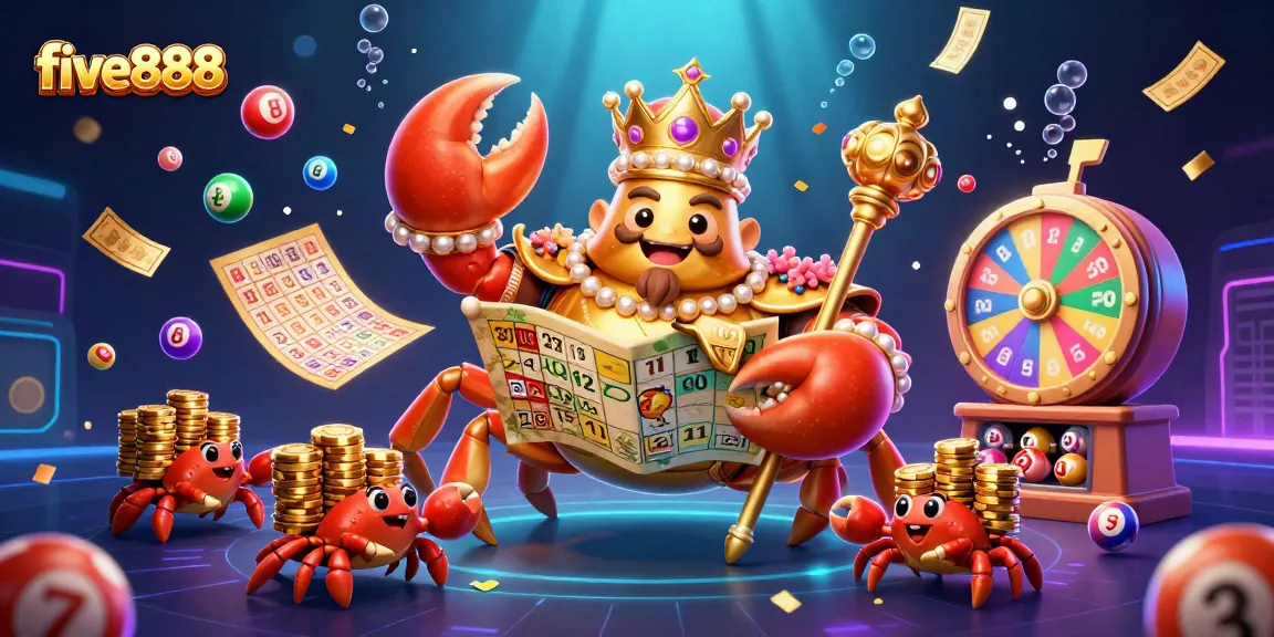 Engage with five888's colorful casino experience featuring a dynamic crab emperor and vibrant game elements