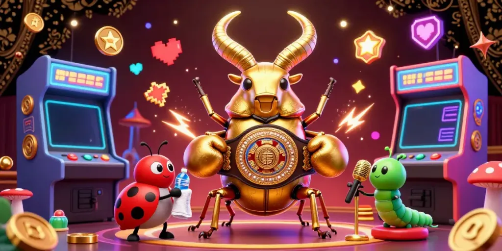 Experience excitement with Jw88's vibrant casino-themed illustration featuring a golden beetle champion and dynamic gaming elements.
