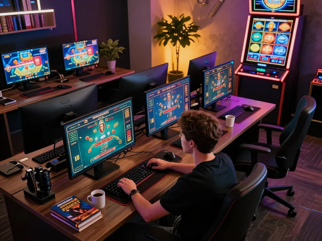 Bom88 player analyzing blackjack stats on multiple screens in a modern gaming setup, showcasing a focus on strategy and responsible gambling.