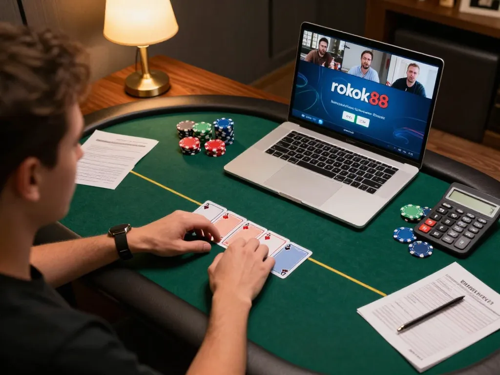 Engaging poker gameplay on rokok88 platform with strategic notes and colorful chips.