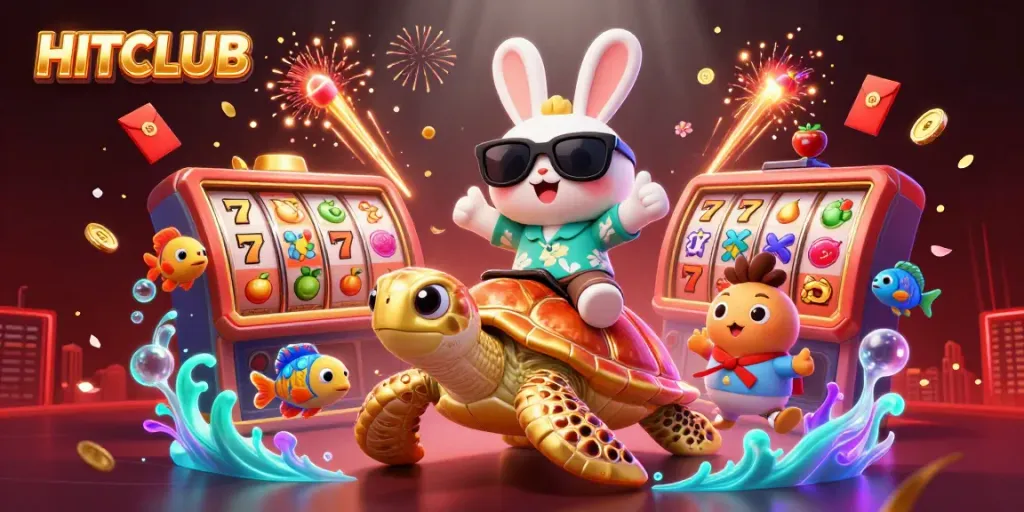 Experience thrilling gameplay at HITCLUB with adorable cartoon characters amidst vibrant casino elements.