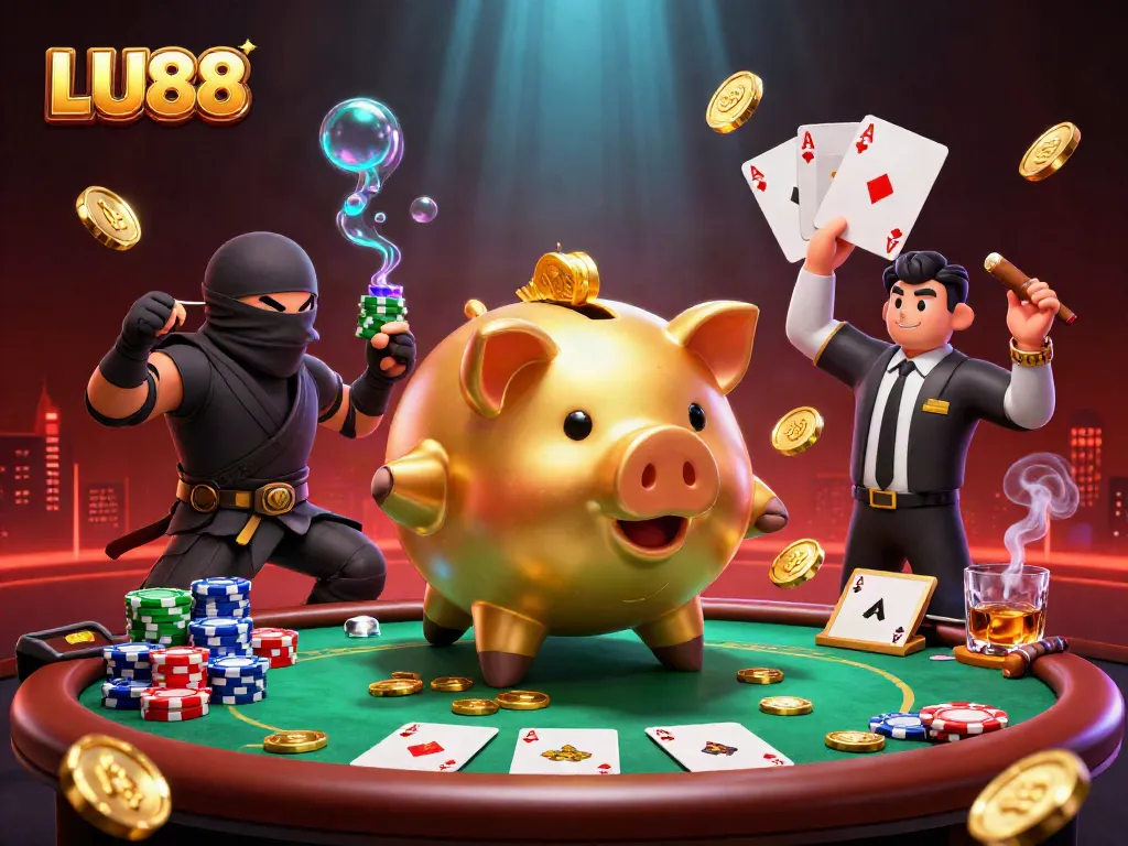 LU88 piggy bank character shakes coins at a poker table, showcasing casino excitement.