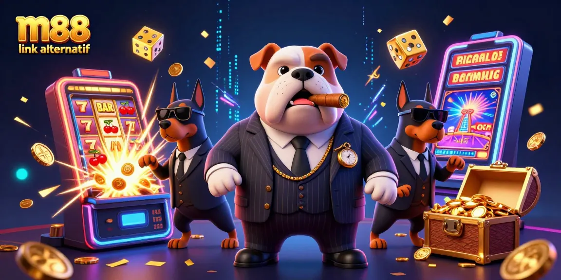 Experience m88 link alternatif with a dynamic visual of a mobster canine and casino elements in action.