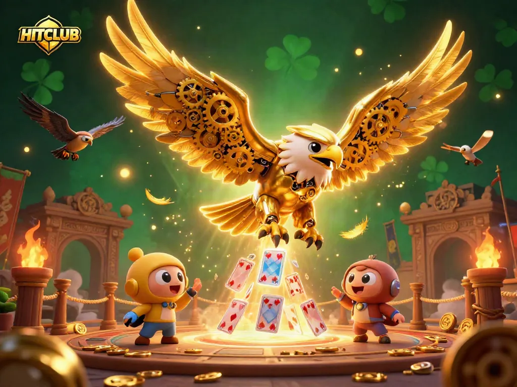 Experience the thrill of HITCLUB with a cybernetic eagle soaring amidst dynamic casino elements.