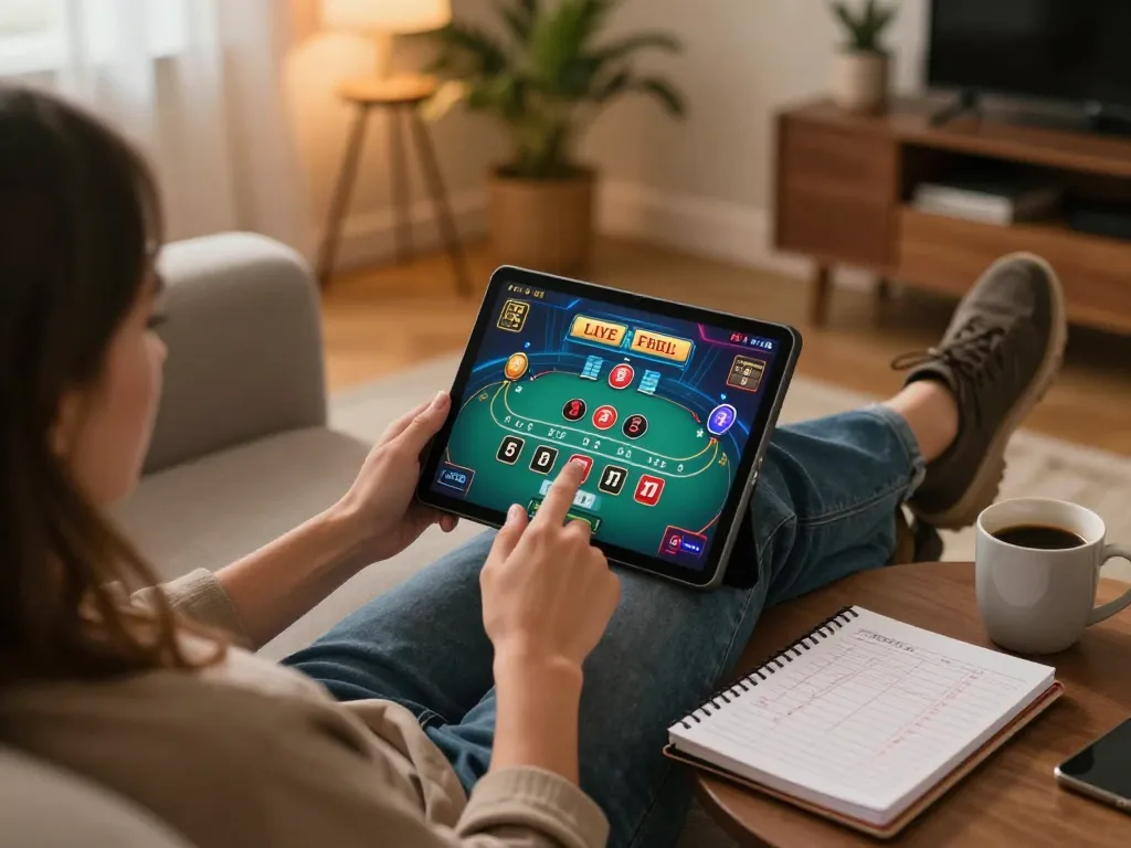 Player enjoys a live dealer game on UU88, blending online gambling with a cozy home atmosphere.