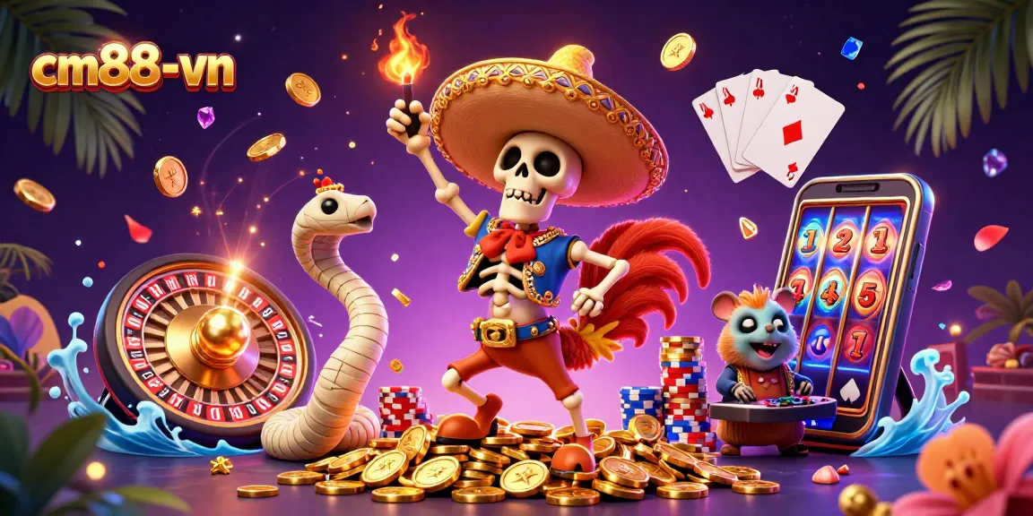 Experience the thrill of cm88-vn with this vibrant 3D casino illustration featuring characters and dynamic game elements.