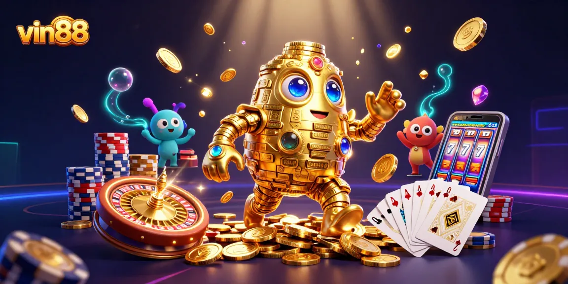Experience vin88's excitement with a golden golem and vibrant casino elements in an engaging scene.