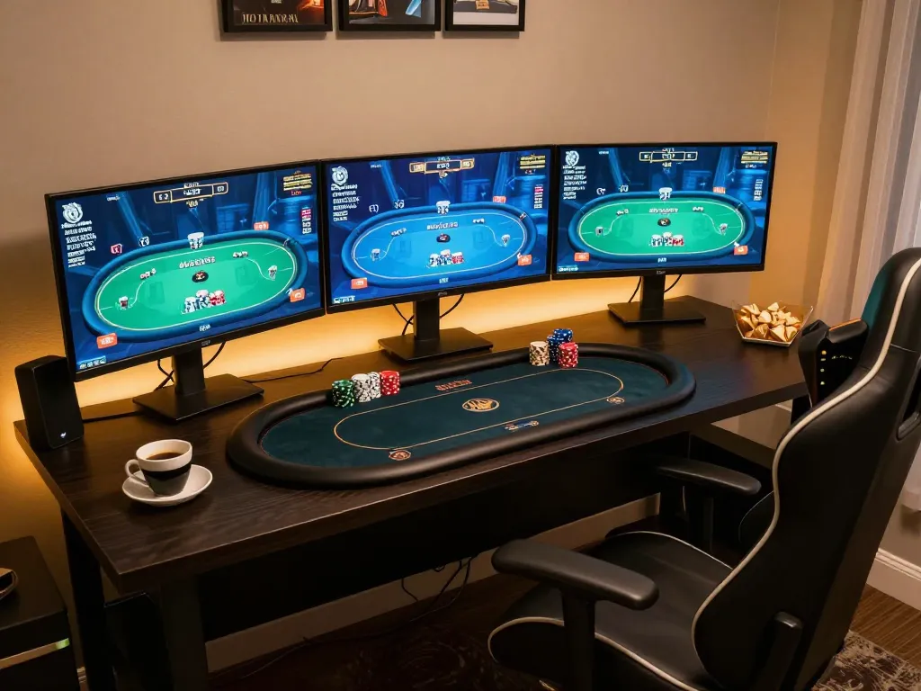 Play engaging poker games at home with lu88 on multiple screens, creating a strategic gaming atmosphere
