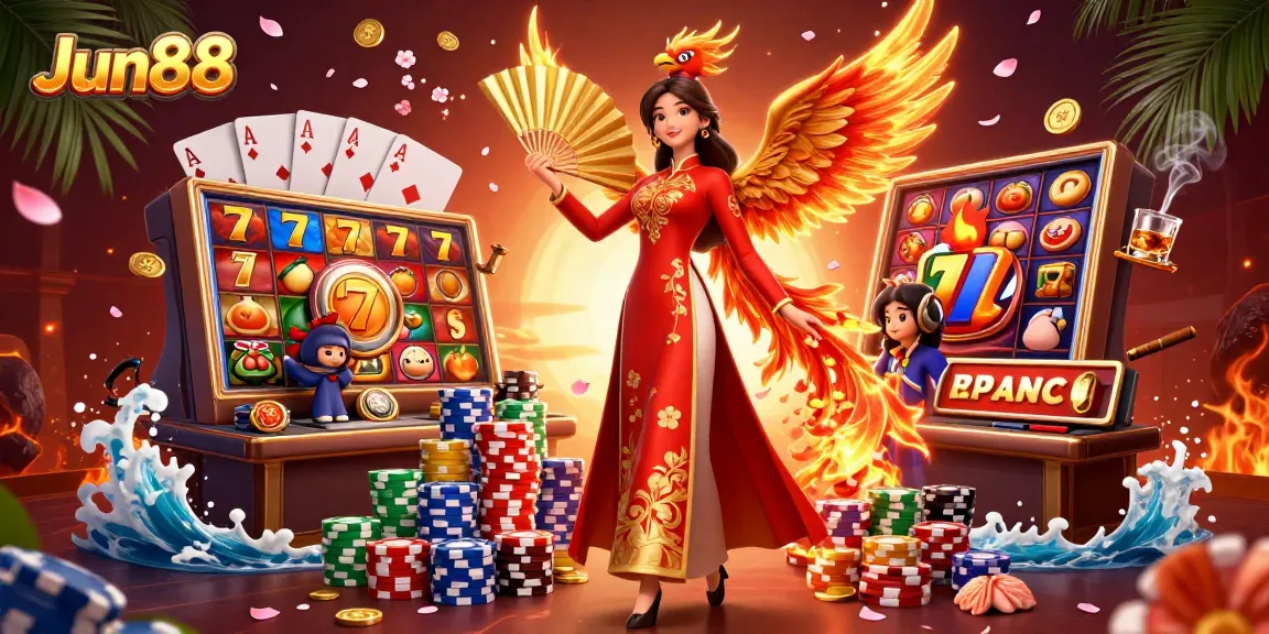 Experience thrilling gaming action at Jun88 with vibrant slot reels, luck, and rich colors.