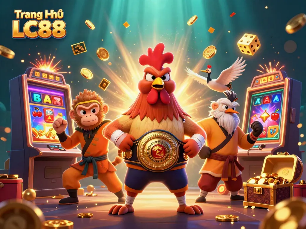 Experience the excitement of Trang Chủ LC88 with a vibrant scene filled with animated characters and casino elements.