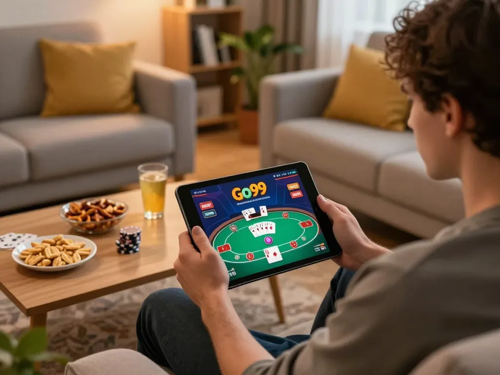 Player enjoying Go99 online poker on a tablet in a cozy home setting.