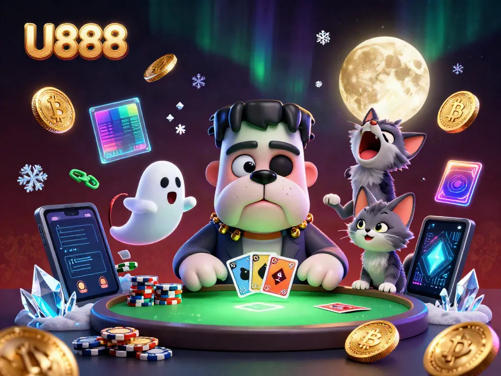 Bet at U888 with lively 3D characters, thrilling casino action, and neon cryptocurrency coins.
