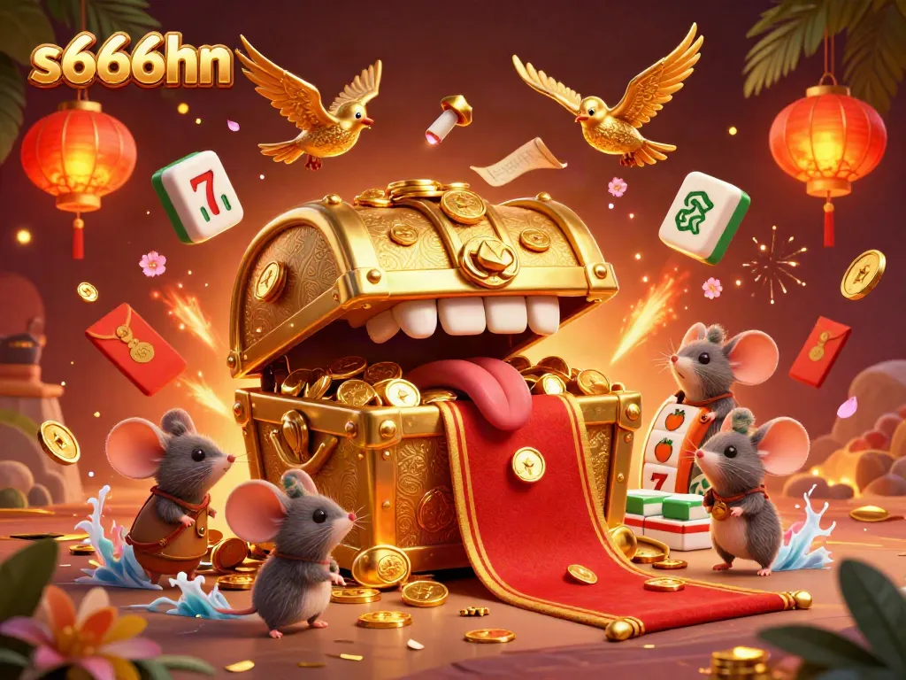 Experience excitement at s666hn with vibrant treasures and gaming symbols in a 3D illustration.