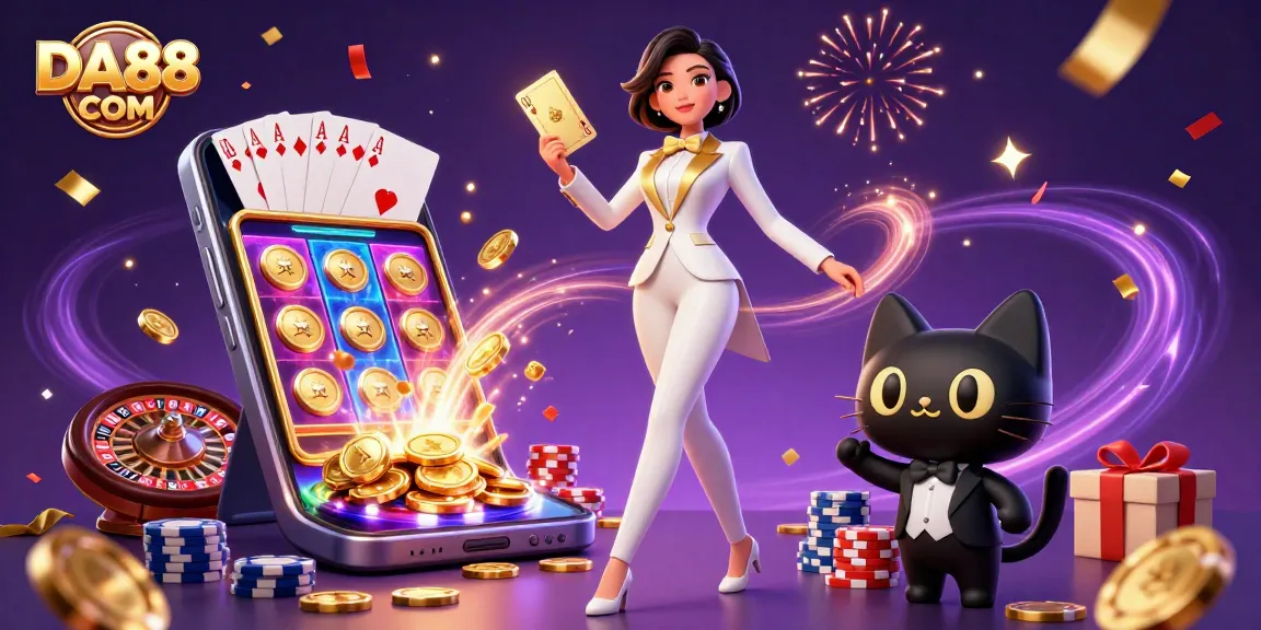 Experience thrilling games with DA88 COM's glamorous casino scene featuring a card dealer and a charming black cat.