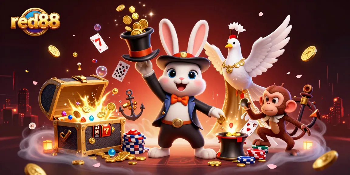 Experience winning moments at red88 with a magician rabbit showcasing golden coins in a vibrant casino scene.