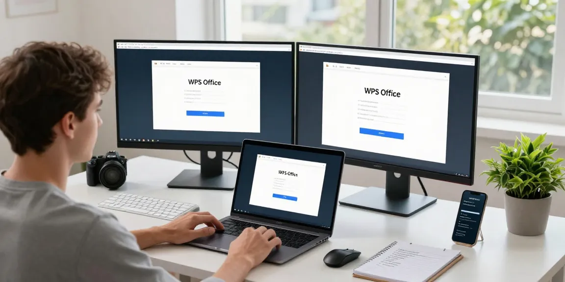 WPS Download in progress on modern laptop in a sleek home office setting with ambient lighting.