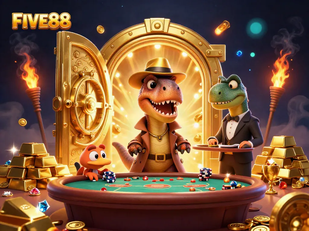 Experience the thrill of blackjack with FIVE88, featuring a velociraptor card counter in a dynamic casino scene.