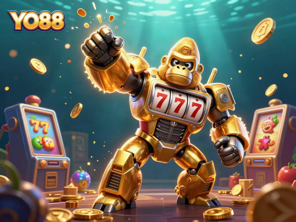YO88 showcases a dynamic 3D golden gorilla mech with slot symbols and coins amidst vibrant gambling elements.