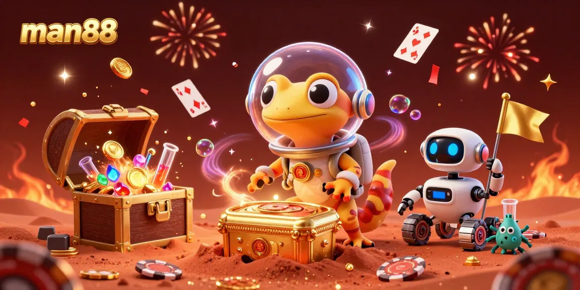 Join the Martian gecko at man88 as it uncovers a vibrant casino in this fun 3D scene.