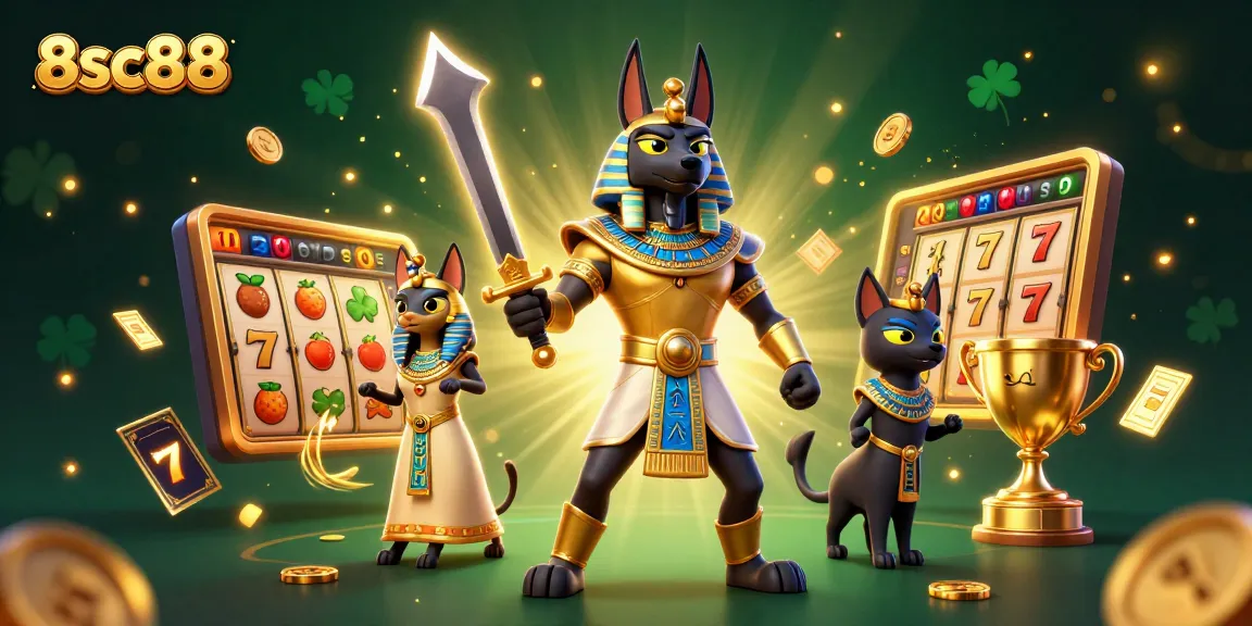 Bet on 8sc88 with a vibrant 3D gambling scene showcasing dynamic slots and a golden trophy.