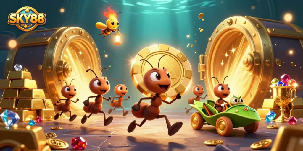 Engage with the dynamic SKY88 scene featuring a team of animated ants heisting a giant poker chip.