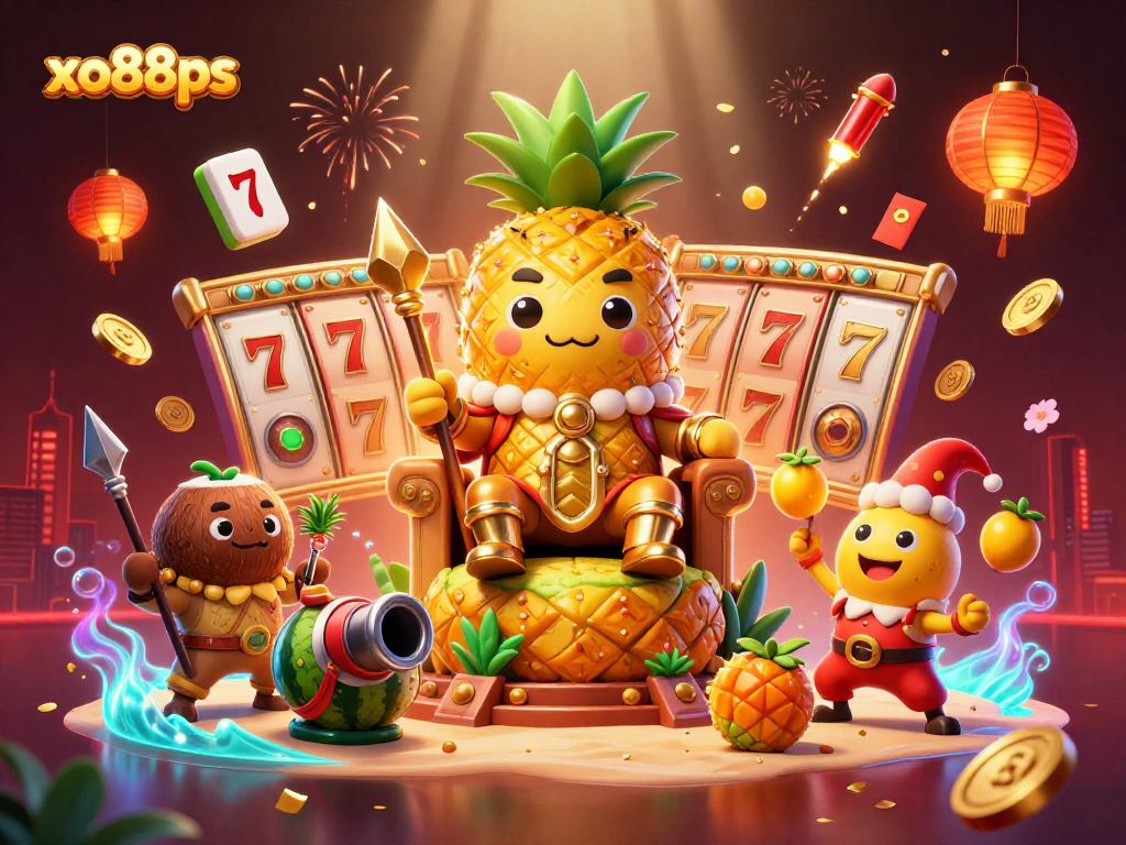 Experience thrilling games at xo88ps, where a 3D cartoon pineapple king presides over a vibrant casino scene.