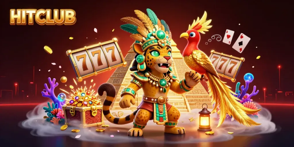 Experience the thrill of HITCLUB with dynamic slot reels and treasure in a vivid 3D casino illustration.