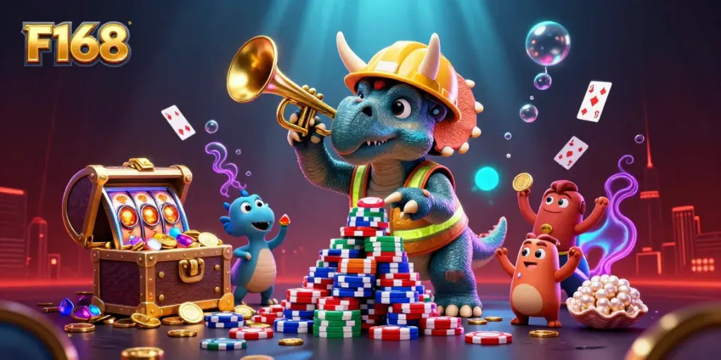 Celebrate F168's gaming excitement with a vibrant casino scene featuring gambling-themed elements.