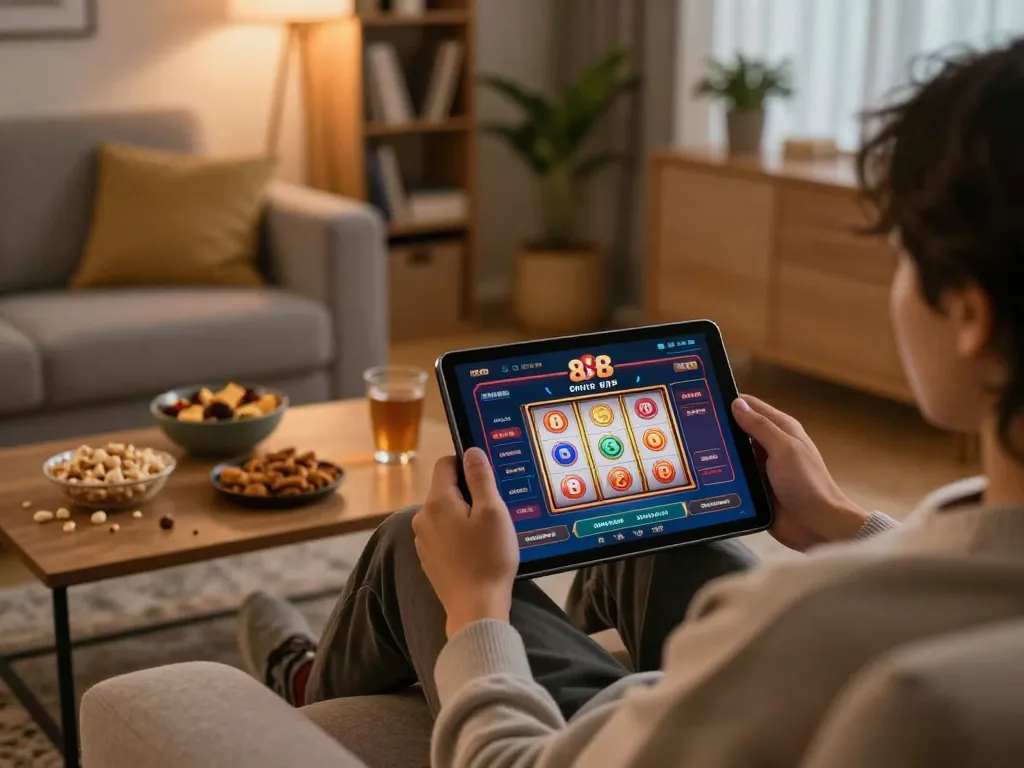 Berinteraksi dengan slot88 apk di tablet dalam suasana rumah yang nyaman, menunjukkan permainan yang bertanggung jawab pada tingkat terbaik.