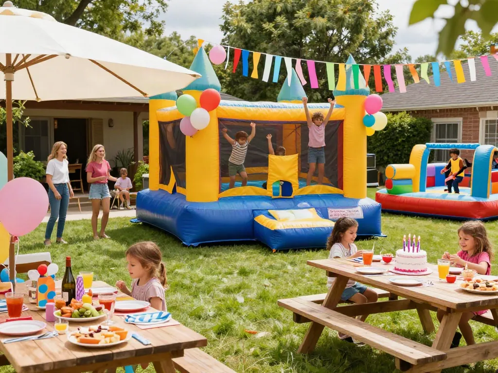 Bounce house filled with children enjoying a fun outdoor party atmosphere.