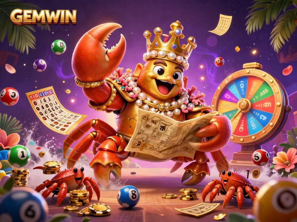 Engage in thrilling opportunities at GEMWIN with a golden crab emperor in an elaborate casino scene full of dynamic game elements.