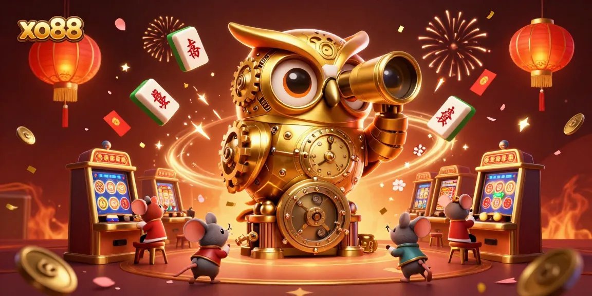 Experience exciting gaming at xo88, featuring a captivating golden owl monitoring dynamic casino action.