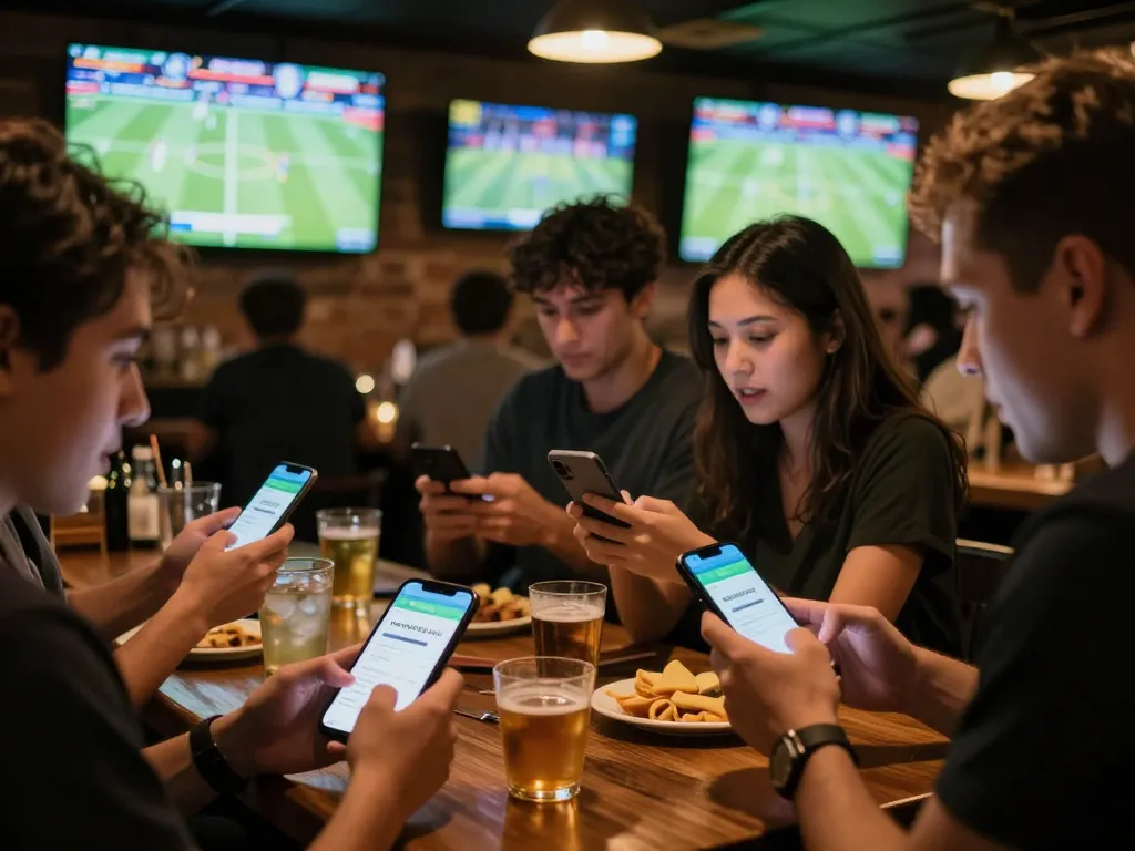Patrons engaging with the mm88star app for exciting sports betting at a lively bar