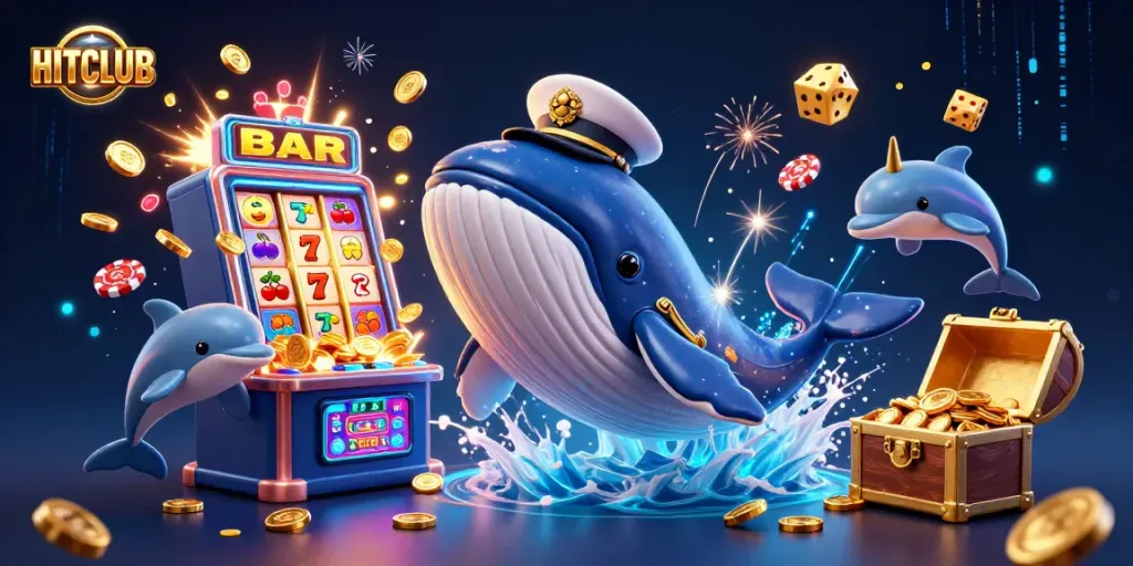 HITCLUB captures thrilling casino excitement with whale, narwhal, and dolphins in vibrant 3D illustration.
