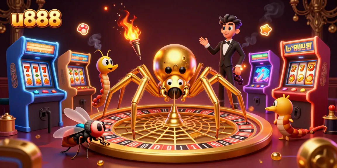 Exciting u888 gaming scene featuring a golden spider and a centipede croupier at a roulette wheel with slots and arcade elements.