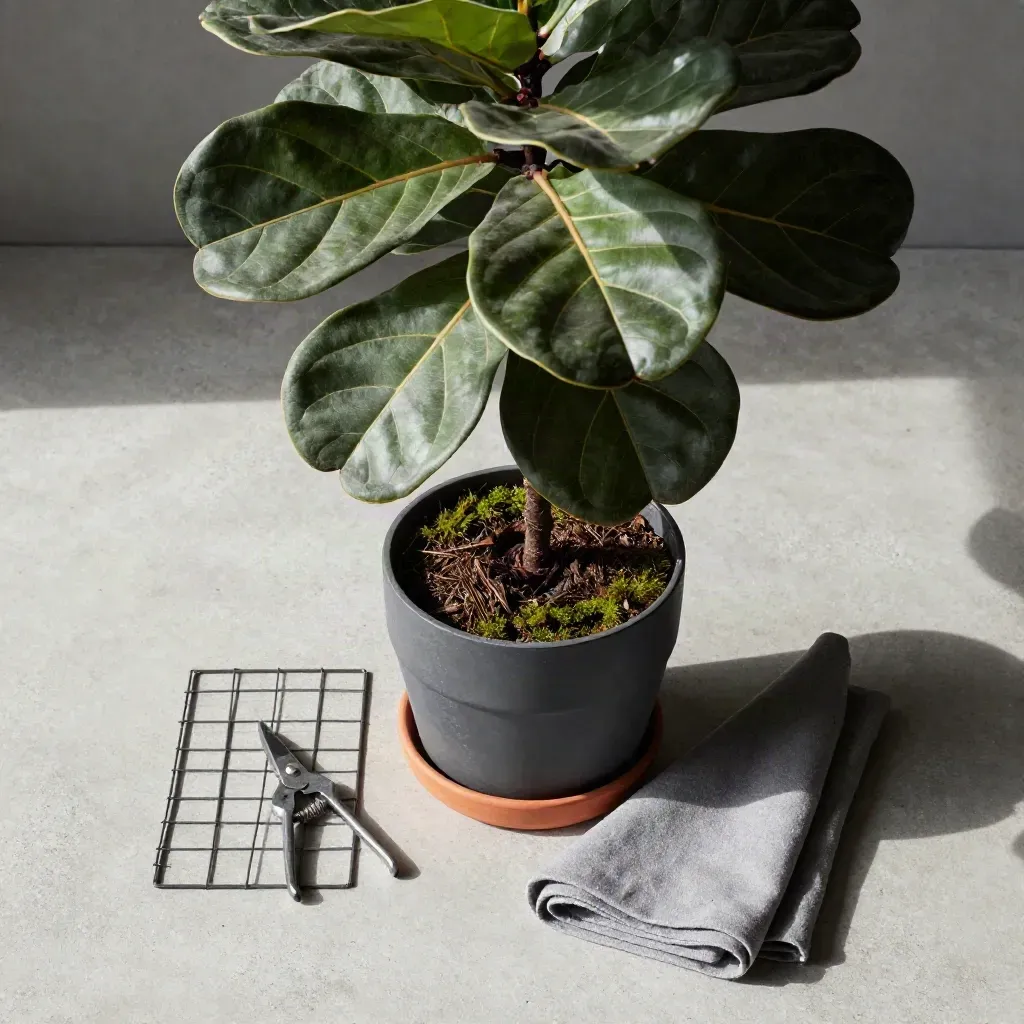 Overhead flatlay of a fiddle leaf fig, pot, saucer, cloth, and pruning snips on stone.