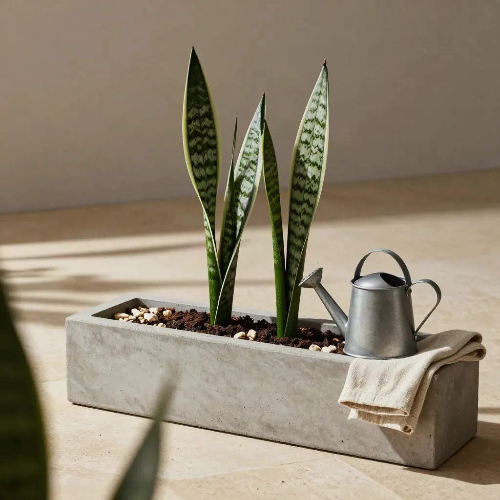 Snake plant duo in a concrete trough with watering can, linen, and stone chips.