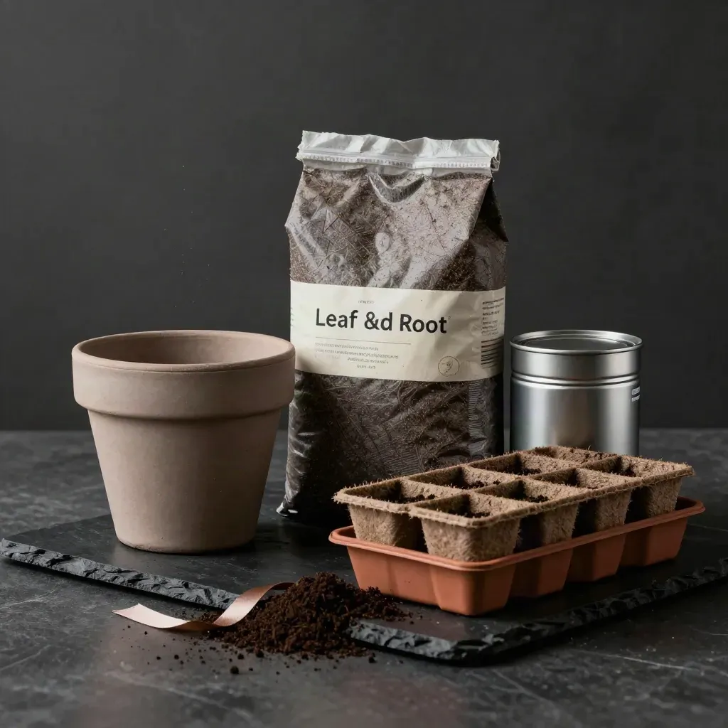 Spring starter kit with pot, soil bag, fertilizer tin, seed tray, and coir discs on a dark slab.