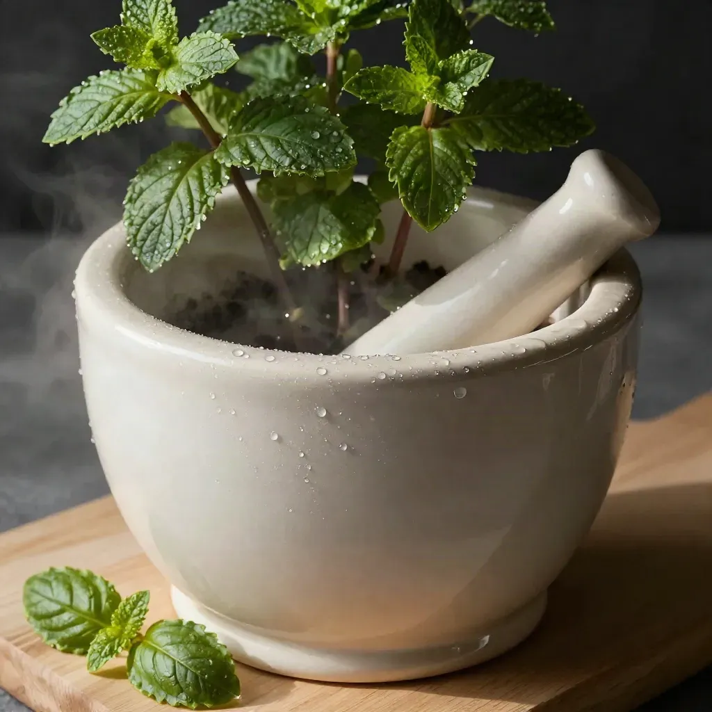 Glazed mint herb pot with misted leaves, basil, mortar and pale wood board.