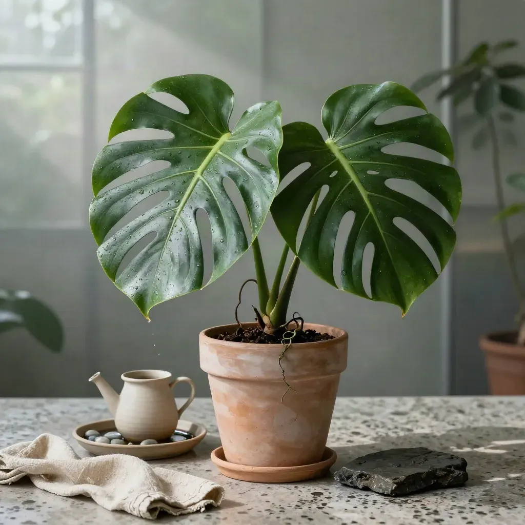 Monstera in clay pot with jug, pebble tray, linen and damp stone in soft studio light.