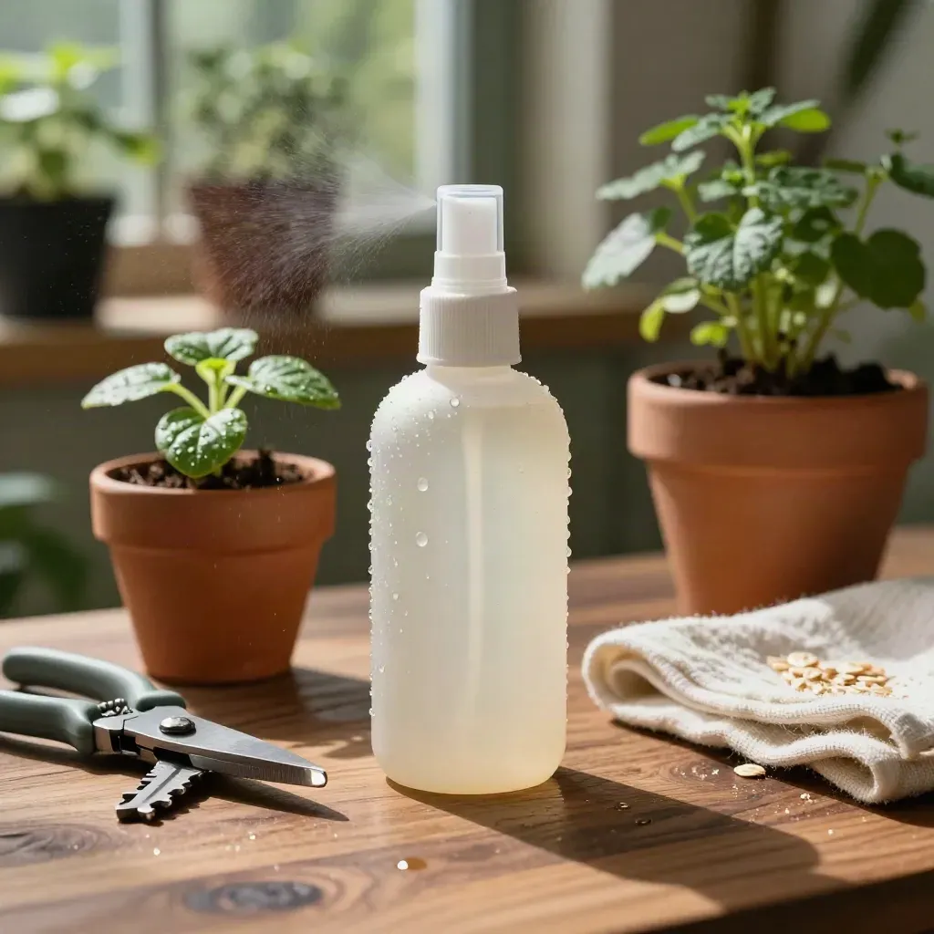 Plant food spray bottle with mist, leaves, shears, and cloth on a potting bench