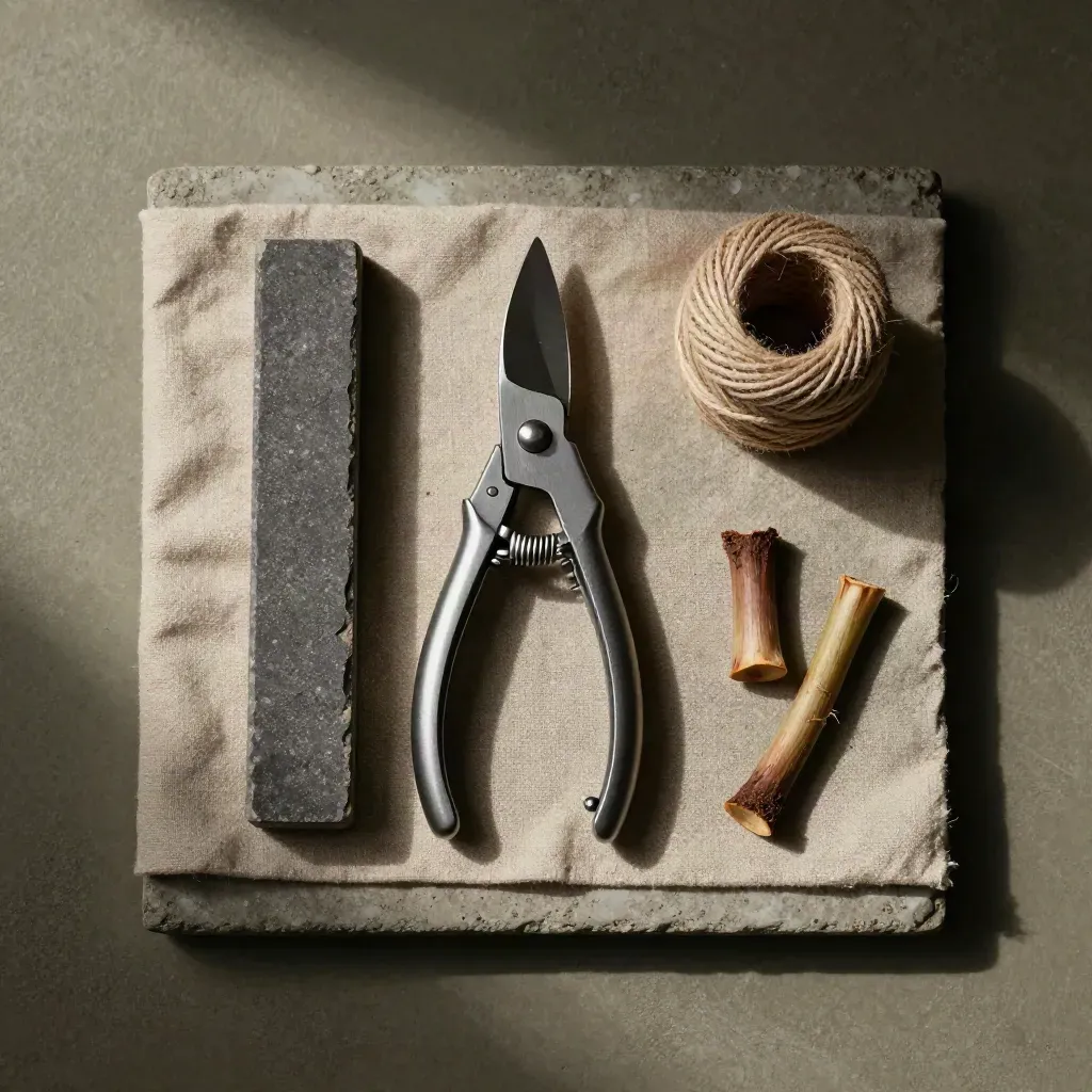 Overhead pruning snip set with stone, twine, linen, and clipped stem tips on khaki concrete