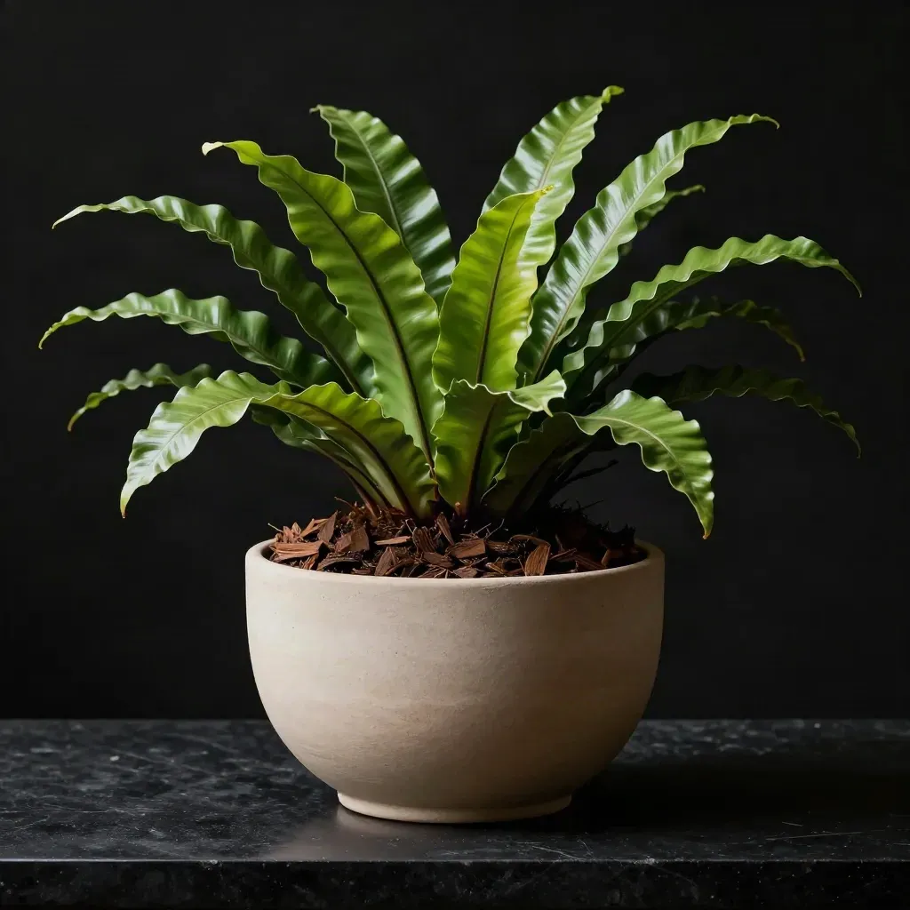 Bird's Nest Fern in an 18 cm matte pot, rim-lit on a dark stone plinth with humid haze.