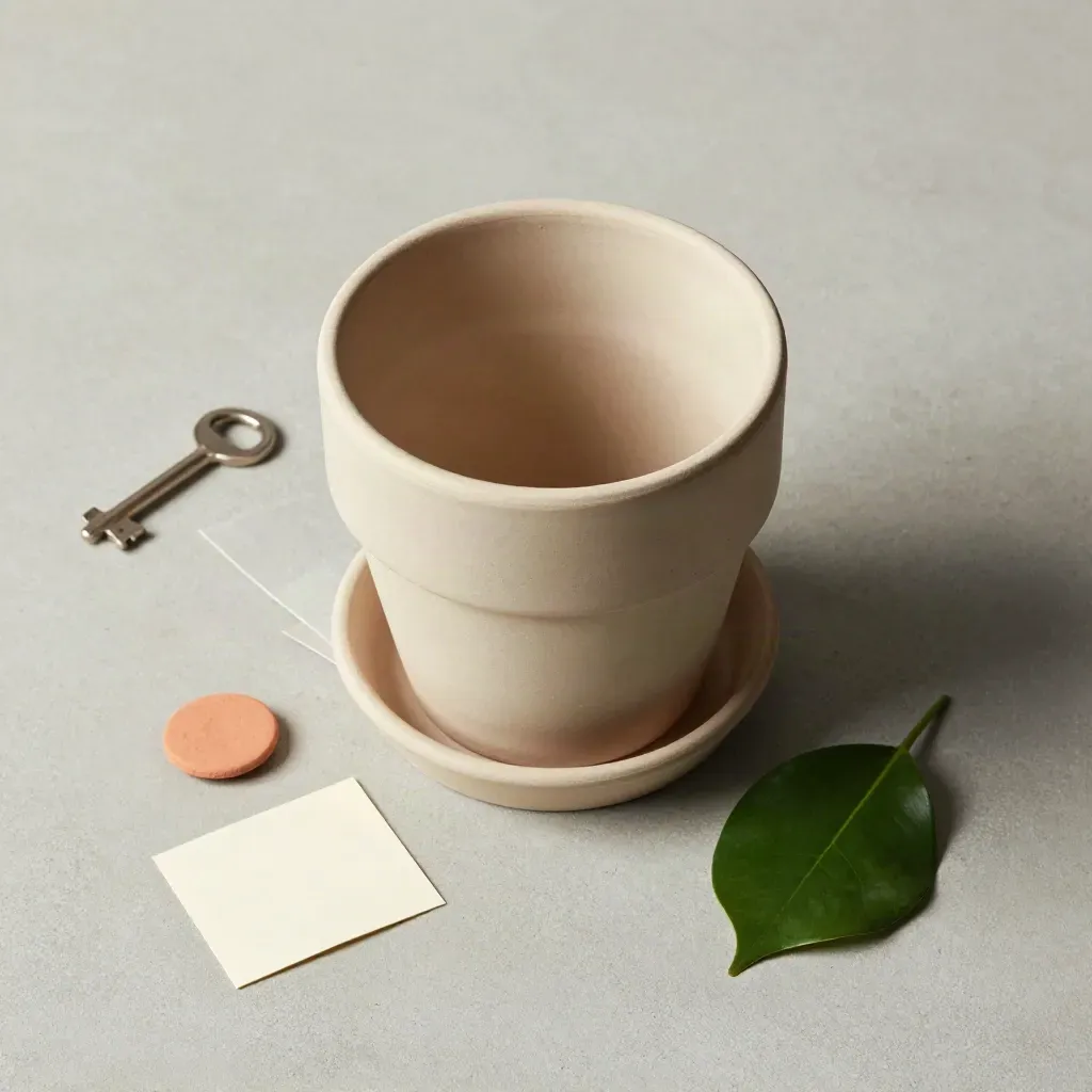 Overhead flatlay of a warm ivory glazed cachepot with nursery pot, saucer, paper, and clay chip.