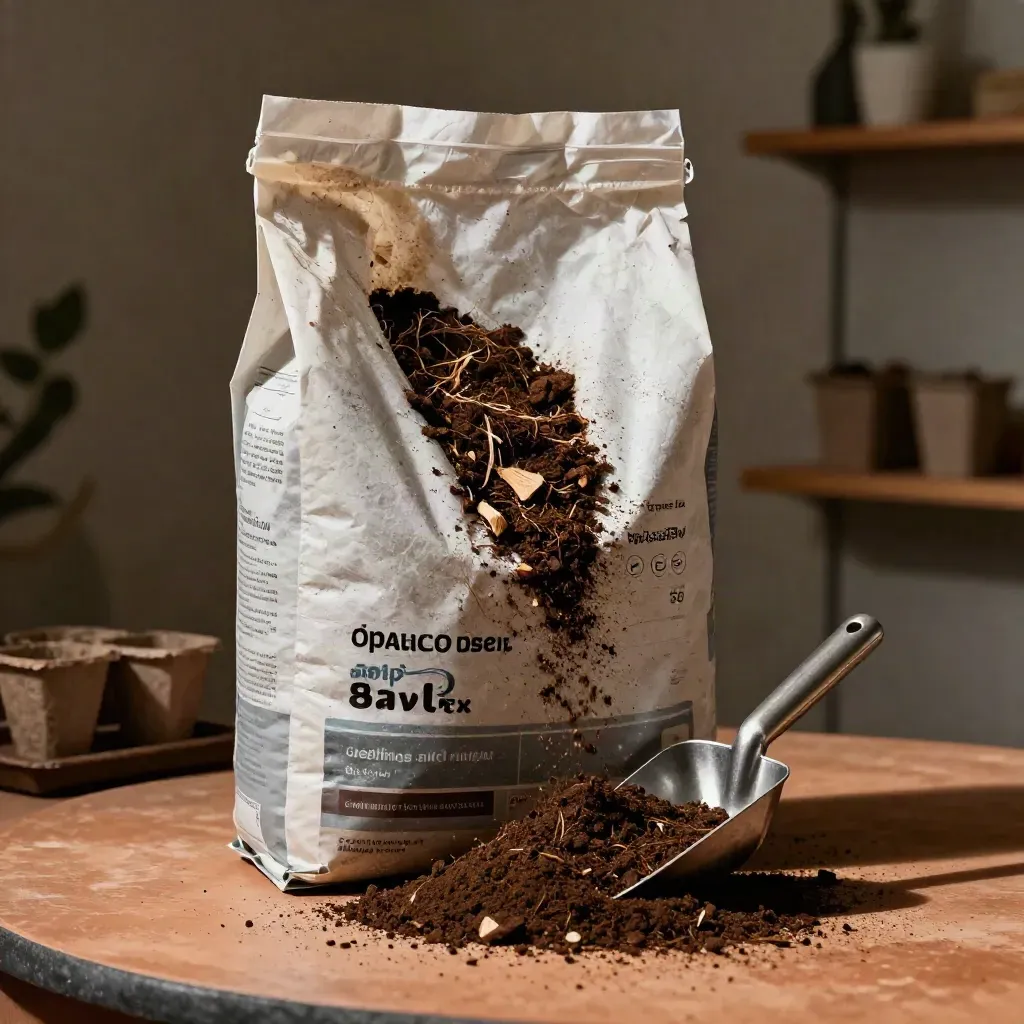Torn bag of peat-free soil mix with scoop and falling compost on a terracotta potting bench.