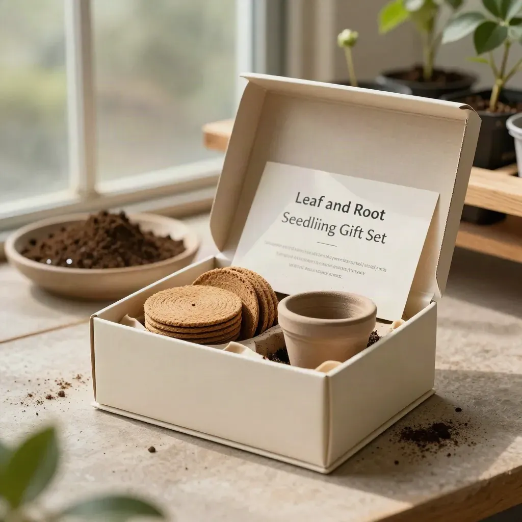 Open seedling gift box with coir discs, mini pot and care card on a greenhouse potting shelf
