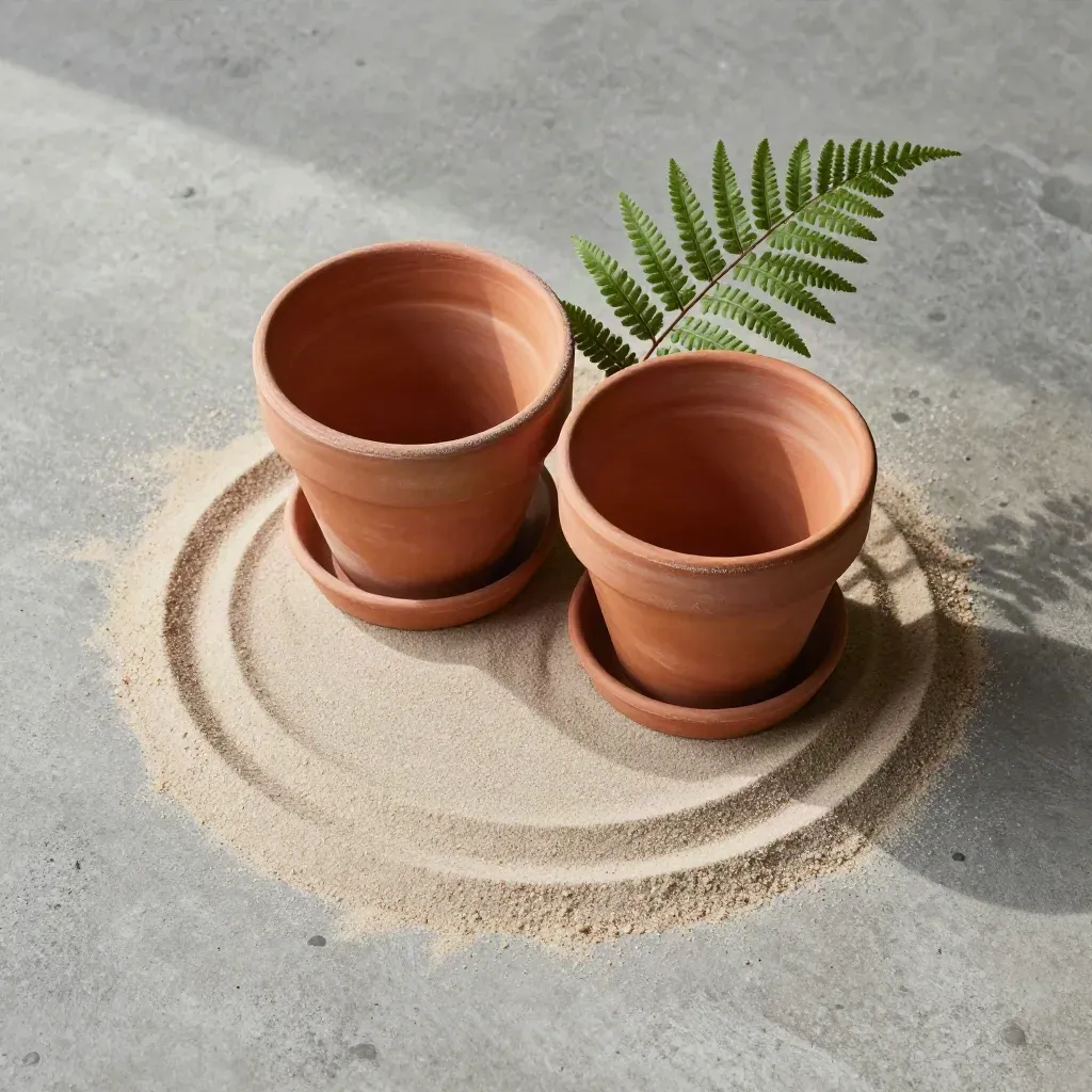 Overhead flatlay of two terracotta pots, saucers, fern frond, and damp sand on concrete.