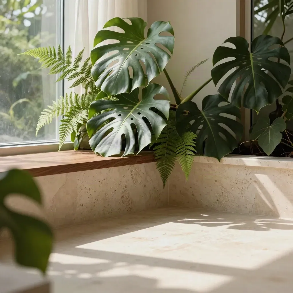 Sunlit conservatory corner with monstera, fern and fig on travertine, calm open space below for copy.
