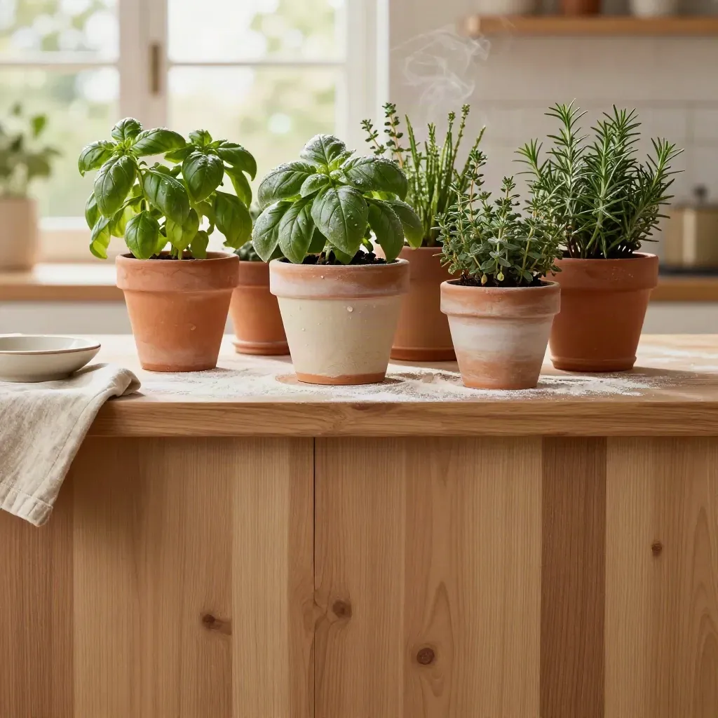 Clay herb pots with basil and thyme on a flour-dusted maple counter by a bright kitchen window.